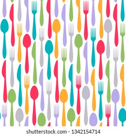 Colorful cutlery seamless pattern. Fork, spoon and knife vector background.