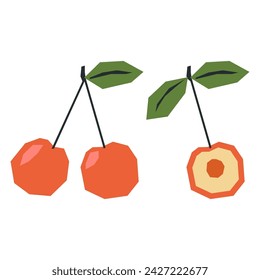 Colorful cutout cherry. Fruit shape colored cardboard or paper. Funny naive childish applique.