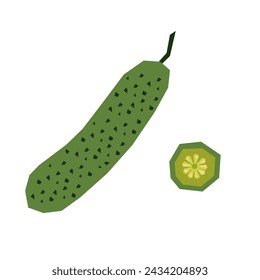 Colorful cutout cucumber and slice. Vegetable shape colored cardboard or paper. Funny naive childish applique.