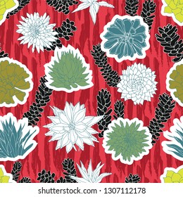 Colorful cutout shapes of succulent plants in a sticker-like style layered on top of a red zebra brush stroke background. Seamless vector pattern. Idelal for fabric, stationery, fashion.