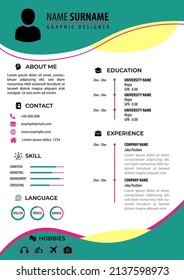 Colorful CV Resume Template. Modern Clean Design A4 Paper Size. Editable Vector. Suitable for Job Application