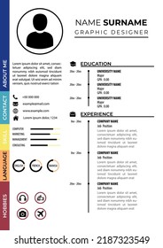 Colorful CV Resume Template on White Background. Editable Vector. A4 Paper Size. Suitable for Job Application