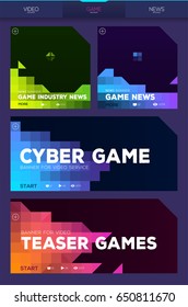 Colorful cyber game banners for video services or games news. Pixel style. Vector illustration.