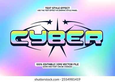 Colorful 'Cyber' text style effect on a hologram background, featuring brutalism design elements.