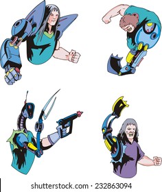 Colorful cyborgs. Set of biomechanical vector illustrations.