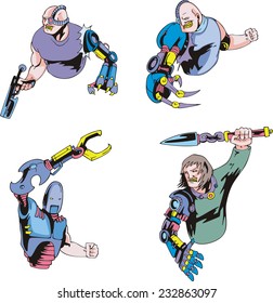 Colorful cyborgs. Set of biomechanical vector illustrations.