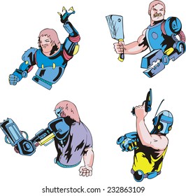 Colorful cyborgs. Set of biomechanical vector illustrations.