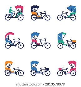 Colorful cycle rickshaw icons set for urban transport. A set of nine minimalist cycle rickshaw icons in vibrant colors like pink blue and green on a white background. Ideal for travel guides transport apps or cultural infographics.