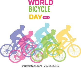 Colorful cycling silhouettes representing world bicycle day celebration on white background