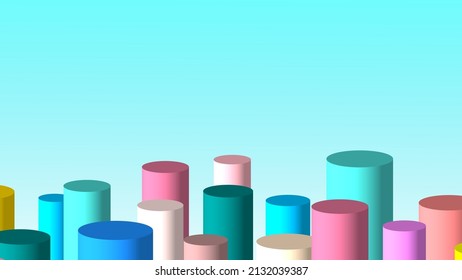 Colorful cylinder city and the bright sky. Copy space. Under masking. 3D illustration. Flat style. Isolated vector for presentation, infographic, website, apps and other uses.