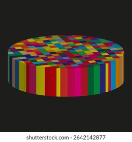 Colorful cylinder icon. Dark background contrast. Rainbow vector volume. Vivid isometric element.