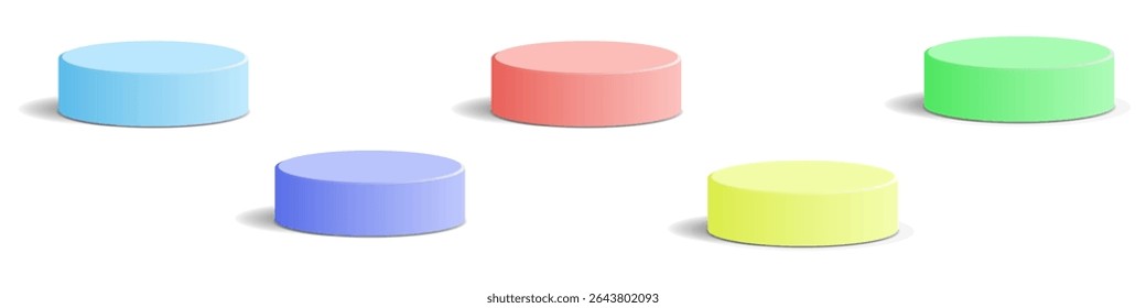 Colorful cylinder podium vector set with five bright 3D platforms in various colors. Ideal for ranking, product showcase, infographic, success display, or modern stage design visuals.