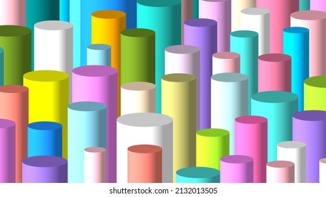 Colorful cylinders affected by light for background. 16:9 ratio. Under masking. 3D illustration. Flat style. Isolated vector for presentation, infographic, website, apps and other uses.
