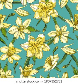 Colorful daffodils on a blue background. Seamless hand-held background. Vector.