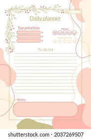 Colorful daily planner printable template. Notebook page. Business organizer schedule page for a day for effective planning. Paper sheet. Vector illustration design.