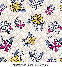 Colorful daisies design on square brush stroke background fabric print