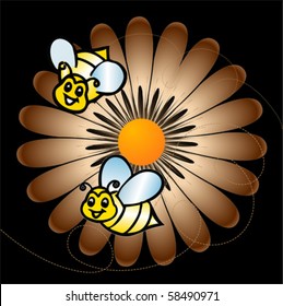 COLORFUL DAISIES meadow with bees background, vector