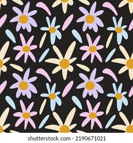 Colorful daisies on a dark field. Vector seamless pattern. Vintage pattern for interior, textiles, paper.