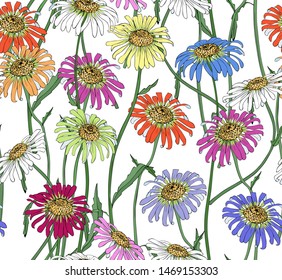 Colorful daisies on a white background. Vector seamless pattern for textiles.