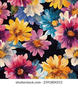 Colorful daisies in the style of watercolor on a black background. watercolor flower seamless pattern. Watercolor print in rustic vintage style, textile or wallpapers.