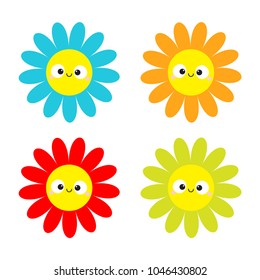 Colorful daisy chamomile set with smiling face head. Cute flower plant collection. Love card. Cute cartoon funny character. Camomile icon Growing concept. Flat design. White background. Vector