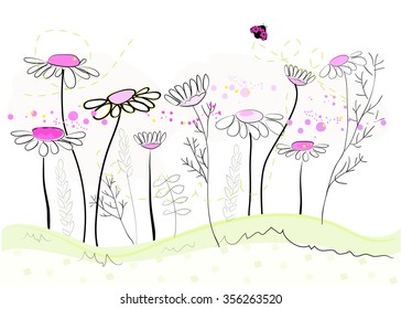 Colorful daisy field in spring time vector illustration