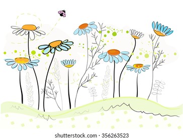 Colorful daisy field in spring time vector illustration