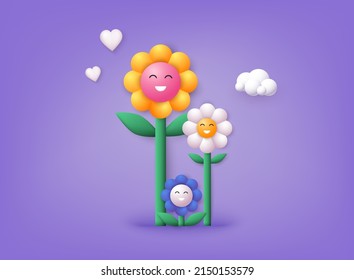 Colorida colección de flores de margarita. Cute Caricatura Daisy Flower Face Emoji.