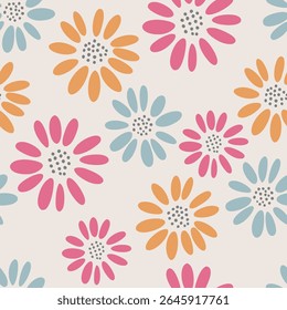 Colorful daisy flower pattern in pink orange blue tones on cream background seamless pattern for fabric, textiles, clothing, wallpaper, cover, banner, home decor, florals backgrounds