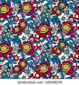 Colorful daisy on white background.Traditional retro small field flowers summer seamless pattern. Liberty style floral design for textile, digital print, paper or web. 