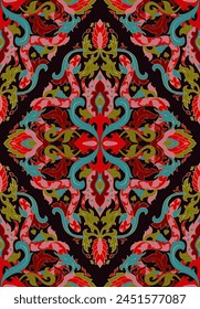Colorful damask background with snakes. Seamless colorful pattern for wallpaper, textile, carpet. Stylized floral design.