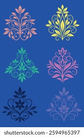 Colorful Damask Design Patterns on a Blue Background