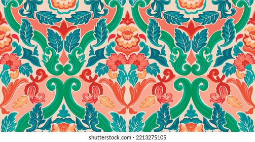 colorful damask pattern with vintage tapestry motifs, perfect for fabrics and decoration