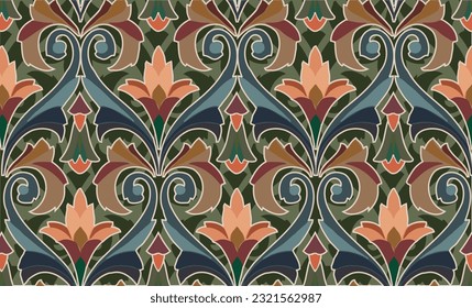 colorful damask pattern with vintage tapestry motifs, perfect for fabrics and decoration