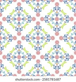 Colorful Damask seamless pattern illustration in traditional style. Portuguese tiles. Azulejo building. Spanish ceramic pottery. Turkish tiles. Can be used for textiles and clothing.