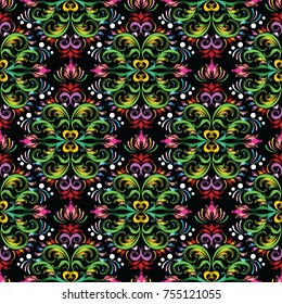 Colorful damask seamless pattern. Vector bright floral baroque background wallpaper illustration with vintage hand drawn flowers, leaves, dots and beautiful ornament. Luxury texture for fabric, prints