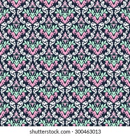 Colorful Damask Seamless Vector Pattern.  Elegant Design in Royal  Baroque Style Background Texture. Floral and Swirl Element. White, Pink, Blue, Green Color. Ideal for Textile Print and Wallpapers.