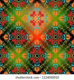 Colorful damask vector seamless pattern. Bright ornamental vintage floral ornaments. Patterned decorative background. Ethnic style flowers, leaves. Ornate design for prints, fabric, textile. 