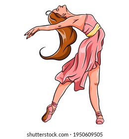 Colorful dance of a ballerina. Ballerina in pointe shoes and a rose dress. For design and decoration.