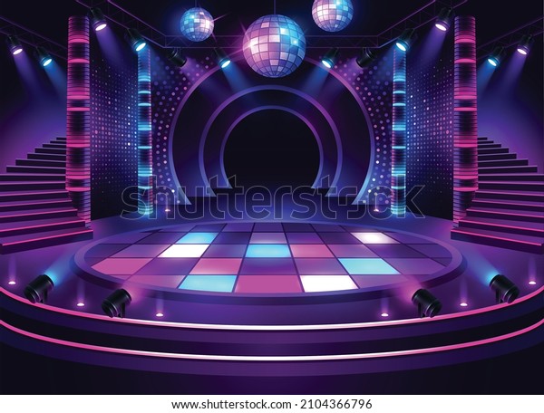 Colorful dance floor. Music stage. Disco ball\
show performance begin with lighting and audience. Concert\
illuminated by\
spotlights
