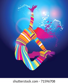 The colorful dancing girl floodlighting with spots and spray on blue background. Vector illustration.