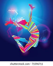 The colorful dancing girl floodlighting with spots and spray on blue background. Vector illustration.