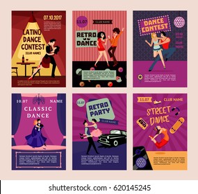 Colorful dancing people posters with dancers at different places in various styles vector illustration