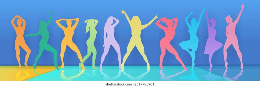 Colorful dancing silhouettes on vibrant background various poses reflections modern design