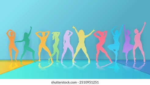 Colorful dancing silhouettes vibrant dance poses bright gradient background reflections paper cut style