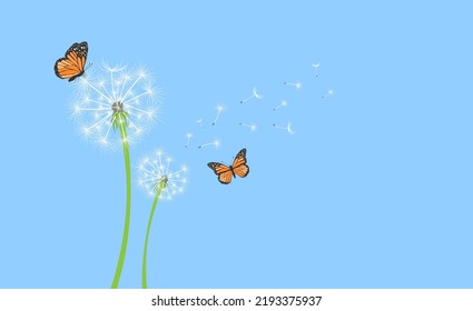 El colorido diente de león con semillas voladoras y mariposas monarcas en un cartel de fondo azul. Ilustración vectorial para el diseño de tarjetas, ropa de bebé, estampado, afiche, decoración de pared, primavera, banner de venta de verano.