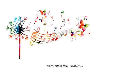 Colorful dandelion with music notes and butterflies
