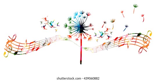 Colorful dandelion with music notes and hummingbirds