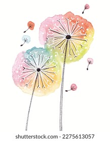 
Colorful dandelion seeds painted in watercolor
