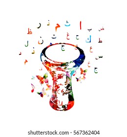 Colorful darbuka with arabic islamic calligraphy symbols isolated. Music instrument background vector illustration. Drums design for poster, brochure, invitation, banner, concert and music festival